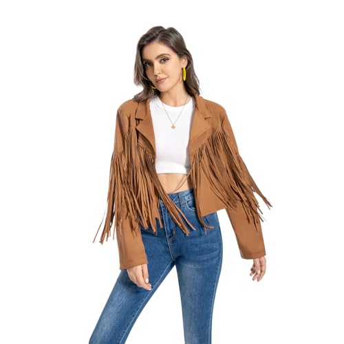 Fringe Jacket, Western Cowgirl Faux Suede Leather Jacket Tassel Crop Moto Top Country Concert Outfits for Women.