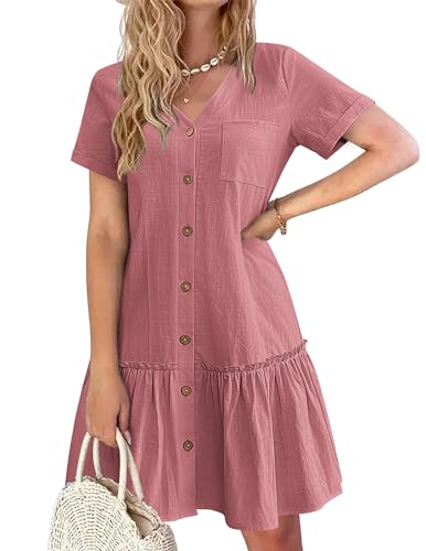 Image of HOTOUCH Women Button Down Dress Loose Summer Cotton Linen Dress Ruffle Hem Casual Dress Short Sleeve Tunic Dress