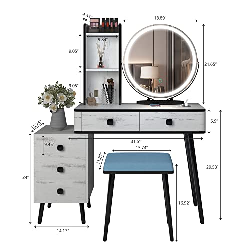 LVSOMT Vanity Desk with Mirror and Lights, Makeup Vanity Table with 3-Color Lights & Charging Station, Vanity Set with 5 Drawers, Vanity Table with Stool for Women Girls (Wood White)