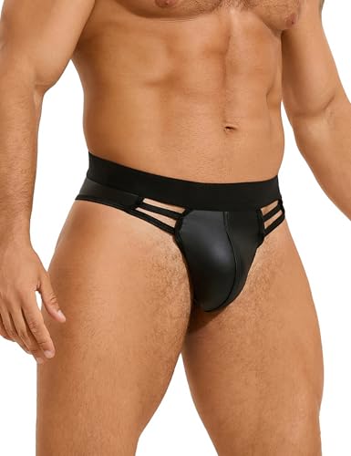 Mens Hollow Out PU Leather Underwear Elastic Bulge Pouch Jockstrap Breathable Sexy G-String Thong for Man Black