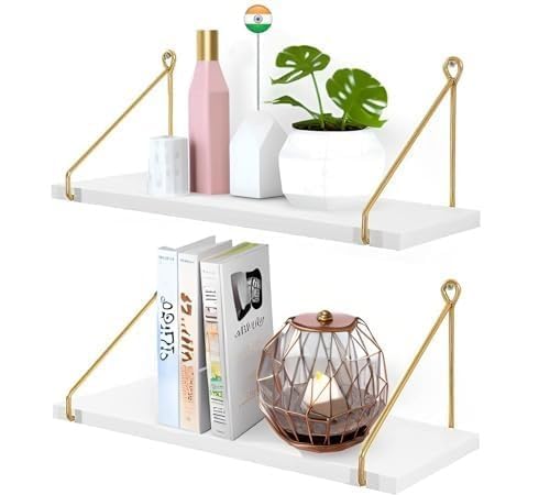 Image of Wall Shelf for Living Room, Wood Hanging Storage Organizer with Metallic Gold and Black Accents, Modern Wall-Mounted Decorative Floating Shelves for Bedroom, Office, or Entryway (White)