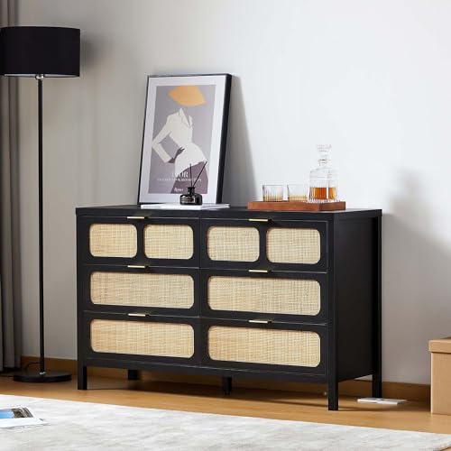 Cómoda moderna de ratán con 6 cajones con asas de metal, cómoda de almacenamiento de madera de granja en color nogal natural para dormitorio, sala de estar, muebles de entrada y pasillo