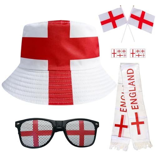 poweybshin 7 PCS England Bucket Hat Fan Set Team gb England 2026 Merchandise England Cap with Scarf Flags Stickers and Glasses For Men Women Match Day Travel Parties