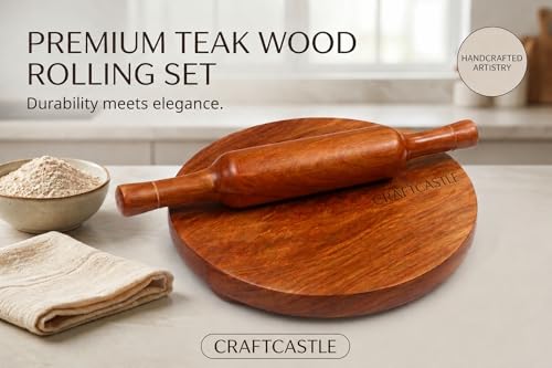 Image of Wooden Floral Design Rolling Board with Rolling Pin, Teak Wood Chakla, Polpat, Chapati Maker, 10 Inches