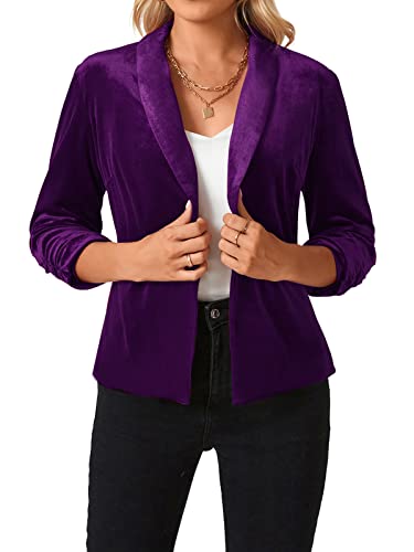 Mintlimit Women's Velvet Blazer 3/4 Ruched Sleeve Jacket Shawl Lapel Open Front Casual Blazers Jackets Purple #TOP3