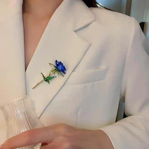 Enamel Rose Flower Brooch Pin for Women Girls Men Alloy Fashion Gold Green Leaf Blossom Brooches Lapel Pins Dainty Dress Accessories Jewelry Boutonniere Corsage for Hat Bag Suit Tie Wedding Birthday Anniversary Father(Blue) - Thumbnail 3