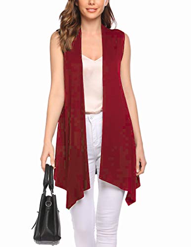 Beyove Lightweight Sleeveless Cardigan Women Draped Women Sleeveless Cardigan Vest Asymmetric Hem(Wine Red X-Large)