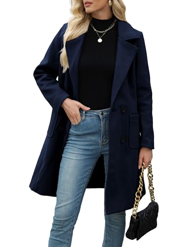 Bankeng Women Winter Wool Blend Camel Mid-Long Coat Notch Double-Breasted Lapel Jacket Outwear (S,Navy)