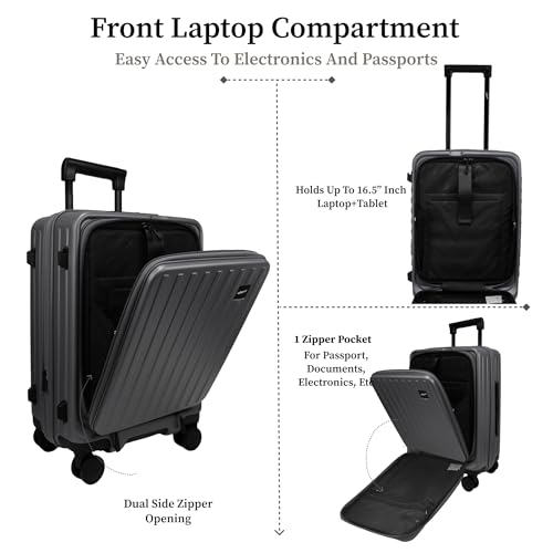 Image of F Gear Montreal Small Cabin Pro 54cm German Polycarbonate Hard Luggage |8 Japanese Hinomoto Silent Wheels|USB & Type-C Charging | Front Opening Suitcase for Travel (Steel Grey)