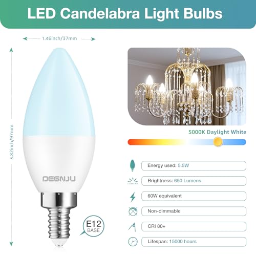 Image of DEGNJU 20 Pack Chandelier Light Bulbs 60 Watt Equivalent, Candelabra LED Light Bulbs, E12 LED Bulb Daylight 5000K, Type b Light Bulb 5.5W, Candelabra Base, 120V, B11 Candle Light Bulb, Non-Dimmable