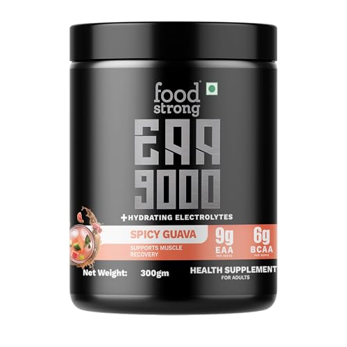Image of Foodstrong EAA 9000 with Hydrating Electrolytes, Spicy Guava Flavour, 9g Essential Amino Acids (EAA) & 6g BCAA Per Serving - Supports Muscle Recovery & Rehydration - 300g, 25 Servings