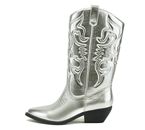 Soda Reno Women Western Cowboy Pointed Toe Knee High Pull On Tabs Boots (Silver Metallic Pu, US...