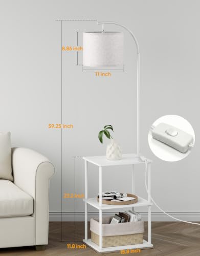 Image of PARTPHONER Floor Lamp with Table, Night Stand with Lamp, Narrow Side Table with 3CCT LED Bulb, Small Coffee Table, Modern End Table with Storage Shelves for Living Room Bedroom Home Decor, White
