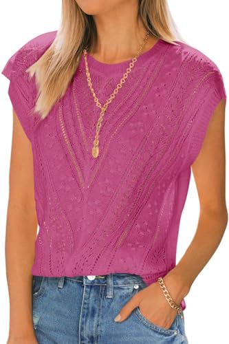 Image of Langwyqu Womens Cap Sleeve Tops Summer Crew Neck Shirt Lightweight Crochet Knit Sweater