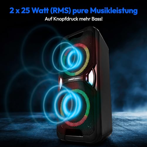 MEDION PE-1 Pure Partybox (Akku, mit Mikrofon, tragbarer Bluetooth Lautsprecher groß, Musikbox, Verschiedene Lichteffekte, Partylautsprecher mit Karaoke, 2 x Mikrofonanschluss, AUX, USB, Radio)
