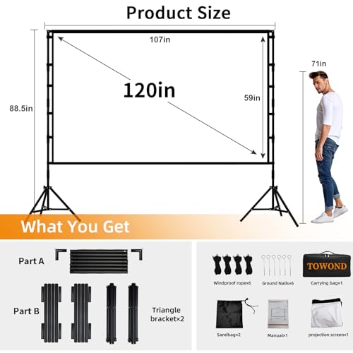 Image of Outdoor Projector Screen with Stand, TOWOND 120 inch Projection Screen, Movie Screen 16:9 HD Foldable Anti-Crease Support Double Sided with Carry Bag for Outdoor Indoor