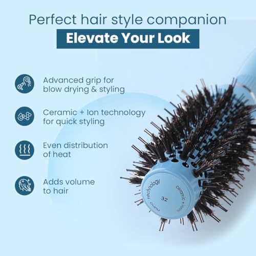 Image of Rey Naturals Thermal Ceramic Hair Brush | Ion-infused Technology | Anti-Static Boar Bristles| Hair Comb | Hair brush for Women and men | Hair Care Products (Ice blue)(Small size)