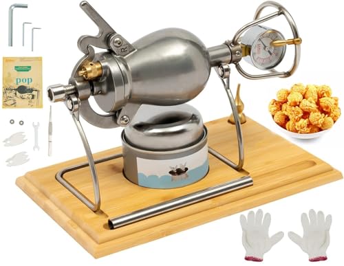 Mini Palomitero Hacer a PresióN, Estilo Retro Palomitera De Acero Inoxidable,Popcorn Maker Con Manivela,Manómetro, Base de madera para el Hogar(Plata,328ml)