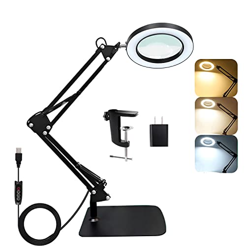 Magnifying Glass with Light and Stand, Hanbaak 10X Magnifying Lamp with Clamp, 3 Color Modes Stepless Dimmable Desk Lamp, 2-in-1 Adjustable Swing Arm Lighted Magnifier Lamp for Reading, Craft Magnifying Glass with Light and Stand, Hanbaak 10X Magnifying Lamp with Clamp, 3 Color Modes Stepless Dimmable Desk Lamp, 2-in-1 Adjustable Swing Arm Lighted Magnifier Lamp for Reading, Craft