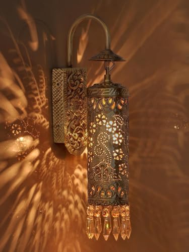 Image of Hand Carved Brass & Crystal Cylinder Sconce - Wall Light Decorative Lighting for Living Rooms Balcony Decor with Free Bulb