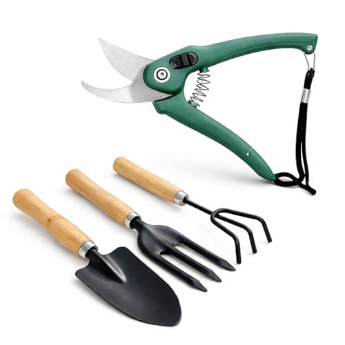 Image of 4-Piece Gardening Tools Kit for Home (Wooden Handle Cultivator,Fork, Trowel) Pruner Cutter -Stainless Steel Garden Set, Farming Tool & Essentials for Indoor Outdoor Agriculture Use (GTK)