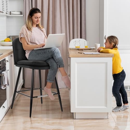 Image of 26 Inch Bar Stools Set of 3, High Back Barstool with Double-Layer Padding and Metal Legs, Faux Leather High Stools for Home Kitchen Island Couter (3, Black)