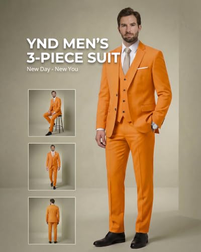 Image of YND Men's 3 Piece Suit with Tie, Solid Color Slim Fit Jacket Vest and Pants