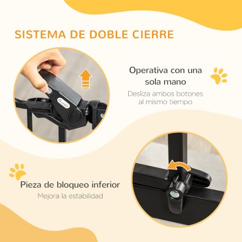 Miniatura 4 de Pawhut Barrera De Seguridad Extensible Para Puertas Y Escaleras Barrera Para Perros Con Altura Ajustable Cierre Automático Y Sistema De Doble Bloqueo 93x76,2 Cm Negro