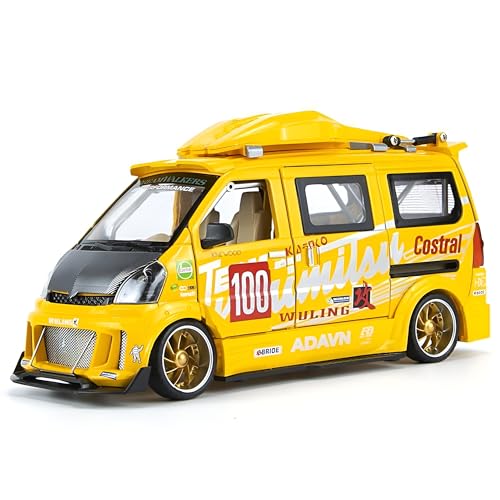 Image of 1:24 Wuling Hongguang Graffiti Racing Van Toy Die-Cast Model Bus with Light, Sound Door Open & Pull Back Action,Mini Van Toy for Kids & Collectors Yellow