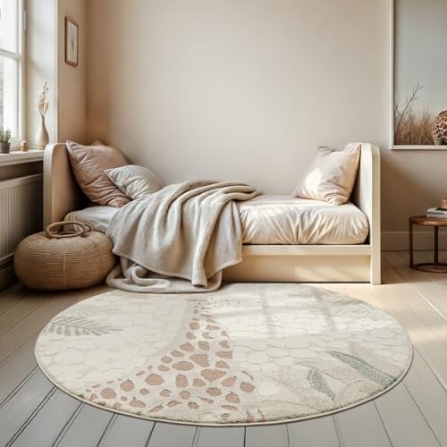 Jungle Kids - Tapis pour chambre d'enfant, tapis enfants, avec effet 3D, facile d'entretien, durable, girafe, 120 cm rond