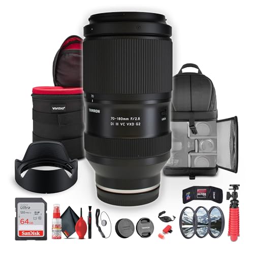 Tamron 70-180mm f/2.8 Di III VC VXD G2 Lens for (Sony E) Full Frame Mirrorless Cameras (AFA065S-700) + 64GB Memory Card + Filter Kit + Backpack + Lens Case + Flexible Tripod + Cap Keeper + More