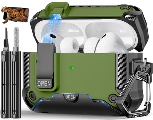 Image of Compatible with AirPods Pro 3 Case with Phone Stand,Automatic Snap Switch Lock,Carbon Fiber Texture Design Cover with Cleaner Kit (Dark Green,for AirPods Pro 3)