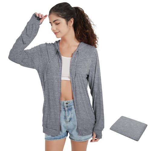 QBK Light Weight Zip Up Hoodie Thin Summer Jacket For Women(Light Charcoal L)