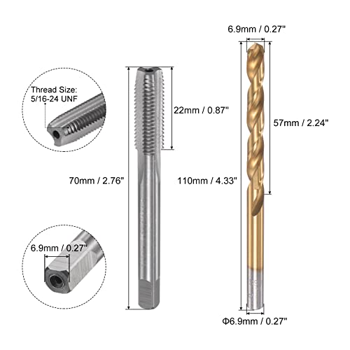 Uxcell 5/16-24 Unf Straight Flute Tap Left Hand And 6.9Mm Twist Drill Bit Set, Titanium Plated High Speed Steel Drilling Bit Machine Threading Tap #TOP1