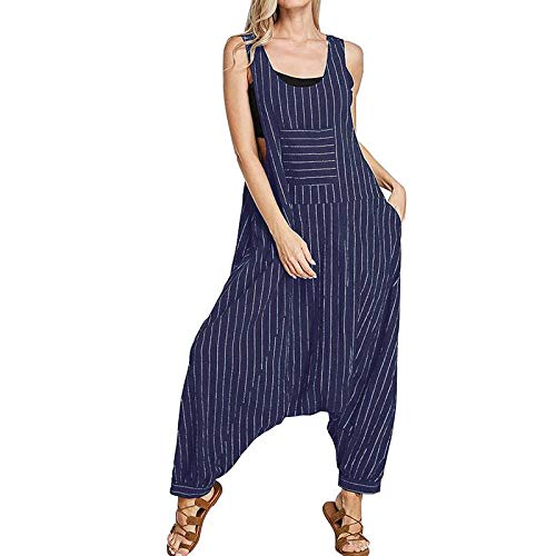 Jumpsuit for Women,Striped Rompers Womens Jumpsuits Summer Sleeveless Playsuits Casual Loose Bohemian Overalls Femme Vintage Pants Plus Size Rompers for Lady Everyday Clothing,Blue,L