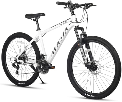 AVASTA 26-inch Mountain Bike MTB for Man Male and Woman Female Adult with Lightweight Aluminum Alloy Frame and Dual Disc Brakes, Front Suspension, 21-Speed Gear Shifters, Hidden Brake Cables, White