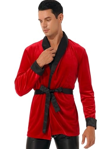 Men's Vintage Velvet Bachelor Smoking Jacket with Belt Short Loungewear Robe for Home Dinner Christmas Party