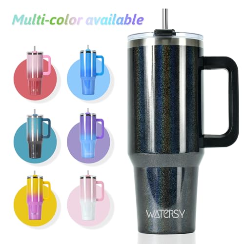 Image of 40 oz Shiny Tumbler with Handle and Straw,Stainless Steel Tumbler with Lid and Straw,Insulated Travel Mug(Cold for 34 Hours),Water Bottle for Iced Tea,Coffee (Black)