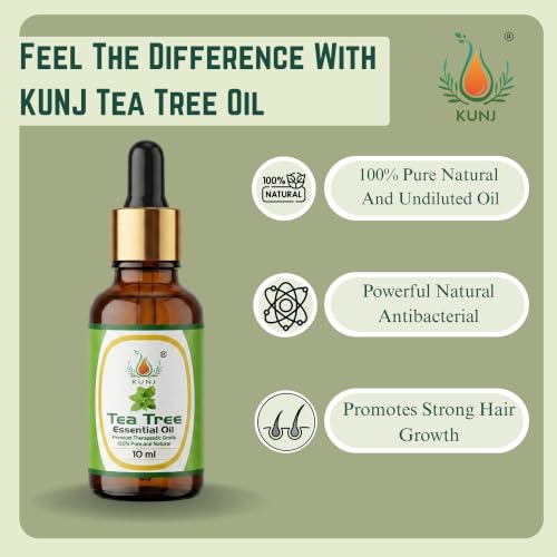 Image of KUNJ Tea Tree Essential Oil for Acne Care, Dandruff, Hair & Scalp Care 10ml | 100% Pure Steam Distilled Tea Tree Oil for Face, Nails, Diffuser & Aromatherapy | Natural Essential Oil