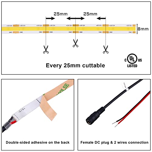 Image of COB LED Strip Lights DC 12V LED Strip Flexible Super Bright LED Strips,16.4ft 3000K Warm White,CRI 90+,2400LEDs High Density Uniform Light for Home Room Decor (No Adapter or Controller)