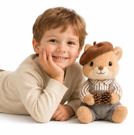 Image of Cuddles Squirrel Soft Toy Plush, Cute Stuffed Animal with Beret Hat and Overalls, Holding Pine Cones Size 30 cm