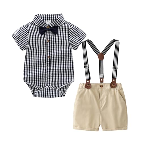 Image of Baby Boys Gentleman Outfits Suits, Infant Short Sleeves Shirt+Bib Pants+Bow Tie Overalls Clothes Set