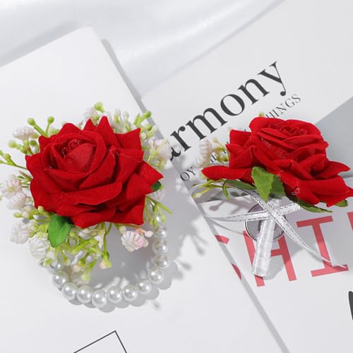 QFGasre 2pcs Red Rose Corsage Set Pearl Hand Flower Wrist Corsage for Wedding Party Homecoming Ceremony Anniversary Prom Flower Corsages Bridal Bridesmaid Women - Thumbnail 6