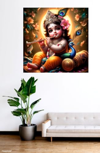 Image of Techgifti Baby Krishna Feather Back Side Sun Peacock Wall Poster for Pooja Room, Office, Kids Room (Size- 46CM X 46CM)