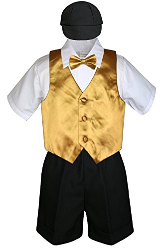 MILLTEX 5 Pieces Formal Wedding Color Satin Vest & Bow tie Shirt W/Hat Black Shorts Set Baby Boy Toddler Sm-4T (Sm (0-6 Months Old), Gold)