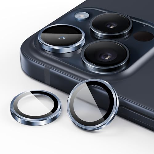 JETech Protector de Lente Cámara para iPhone 15 Pro 6,1 Pulgadas y iPhone 15 Pro Max 6,7 Pulgadas, Cristal Vidrio Templado 9H Individuo Metal, HD Transparente, 1 Juego (Azul)