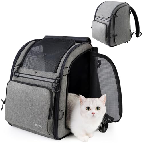Tirige Premium Dog & Cat Carrier Backpack for Travel, Hiking & Vet Visits - Solid Durable Pet Backpack with Breathable Mesh, Safety Strap, Anti-Anxiety Curtain & Storage Pockets, Gray