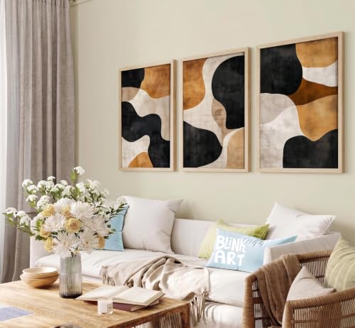 Image of BLINKART Set of 3 RUST BLACK CURVES BROWN CREAM BLOCK Natural Brown Frame Painting for Wall Decoration - Modern Art Wall Decor Framed Painting for Living Room Bedroom - Framed Wall Posters /Paintings (8X12 inch)