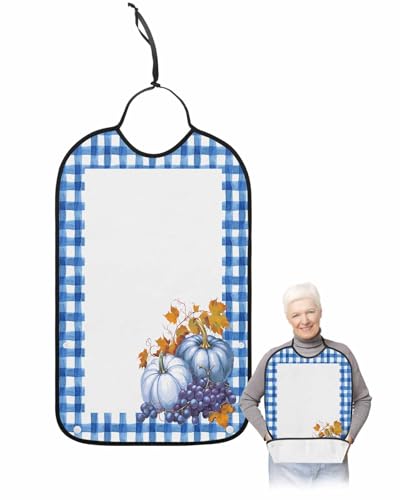 Fall Thanksgiving Blue Pumpkin Adult Bib for Adults Men, Women, Buffalo Plaid Leaves Fruit Washable & Adjustable Terry Cloth Bib with Crumb Catcher Reusable Waterproof Clothing Clothes Protector Apron