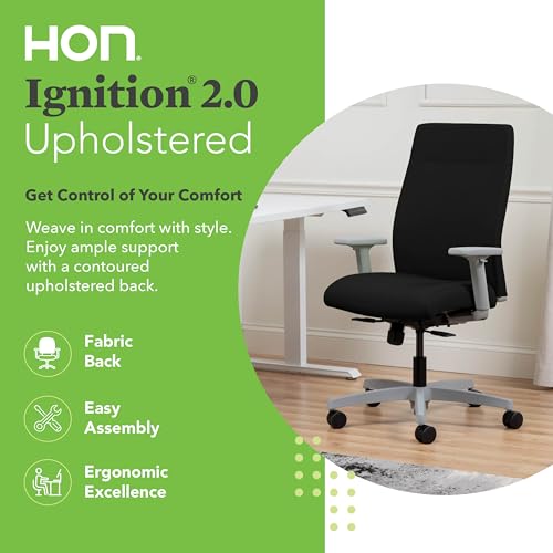 Image of HON Ignition 2.0 Ergonomic Office Chair with Adjustable Arms, Standard Synchro‑Tilt Recline, Upholstered Desk and Computer Chair for Home Office or Workstation, Titanium Frame, Black